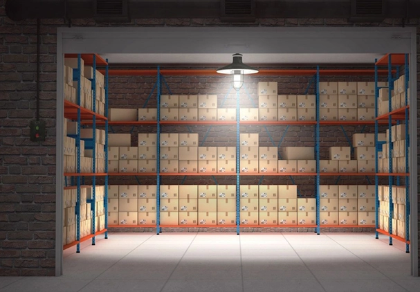 A warehouse with many shelves filled with boxes.